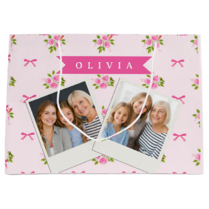 Personalised Pink Coquette Girly Bow Floral Name Large Gift Bag