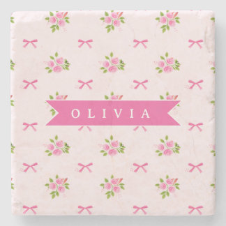 Personalised Pink Coquette Girly Bow Floral Name Stone Coaster