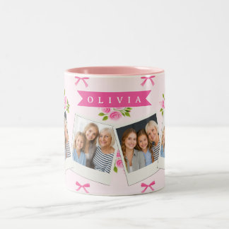 Personalised Pink Coquette Girly Bow Floral Name Two-Tone Coffee Mug