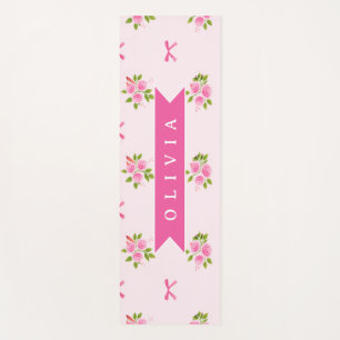 Personalised Pink Coquette Girly Bow Floral Name Yoga Mat