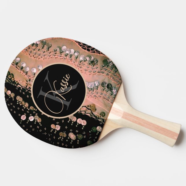 Personalised Pink Coral Black Monogram Coin Scarf Ping Pong Paddle (Side)