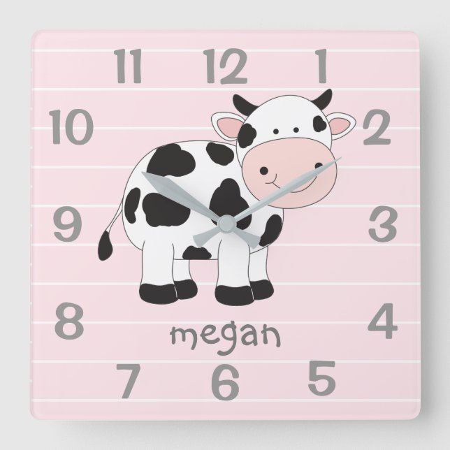 Personalised Pink Cow Nursery Wall Clock (Front)