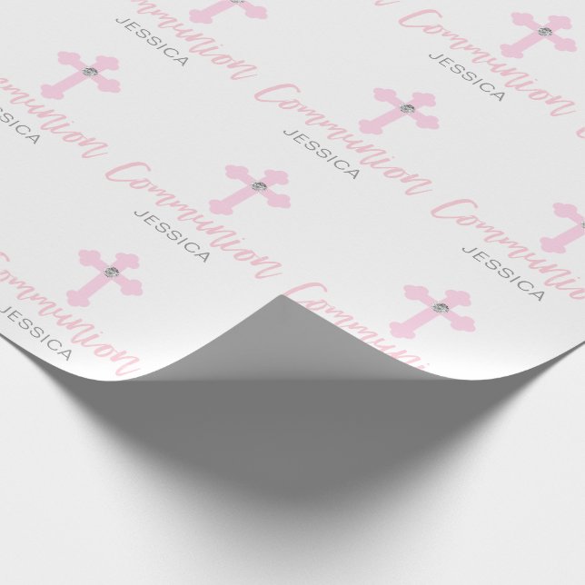 Personalised Pink Cross Girl First Holy Communion Wrapping Paper (Corner)