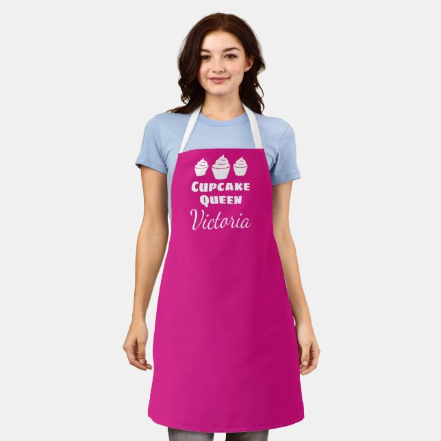 Personalised pink cupcake baking apron for women (Worn)