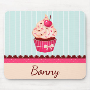 Personalised Pink Cupcake Mint Blue Background Mouse Mat
