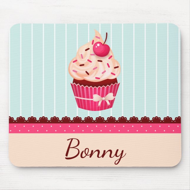 Personalised Pink Cupcake Mint Blue Background Mouse Mat (Front)