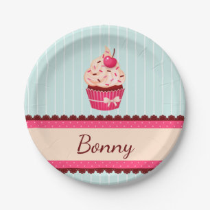 Personalised Pink Cupcake Mint Blue Background Paper Plate