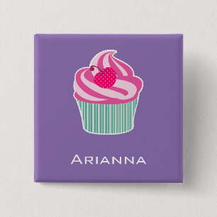 Personalised Pink Cupcake WIth Polka Dot Cherry 15 Cm Square Badge