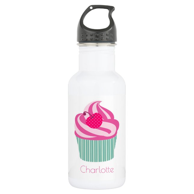 Personalised Pink Cupcake WIth Polka Dot Cherry 532 Ml Water Bottle (Front)