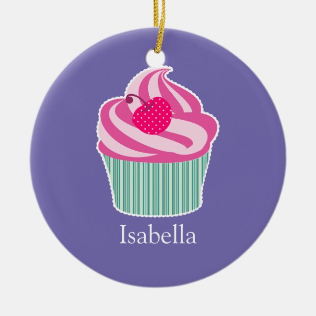 Personalised Pink Cupcake WIth Polka Dot Cherry Ceramic Tree Decoration (Front)