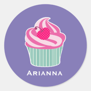 Personalised Pink Cupcake WIth Polka Dot Cherry Classic Round Sticker