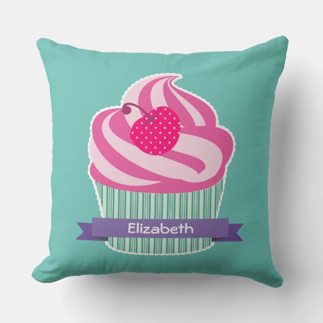 Personalised Pink Cupcake WIth Polka Dot Cherry Cushion (Front)