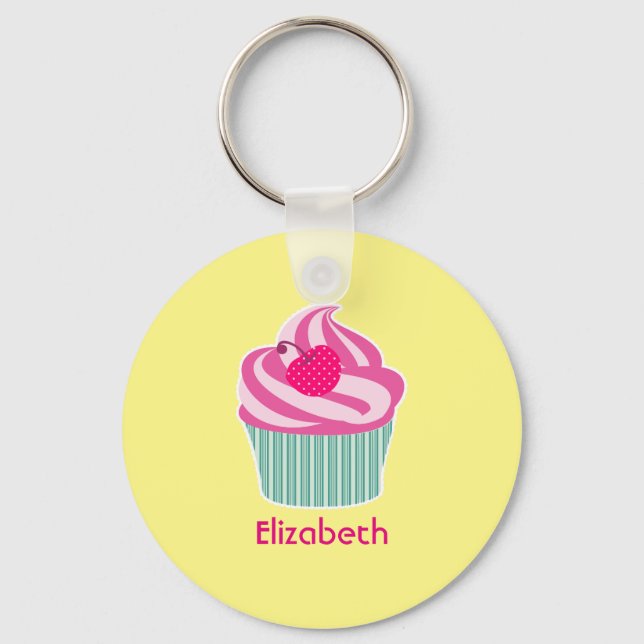 Personalised Pink Cupcake WIth Polka Dot Cherry Key Ring (Front)