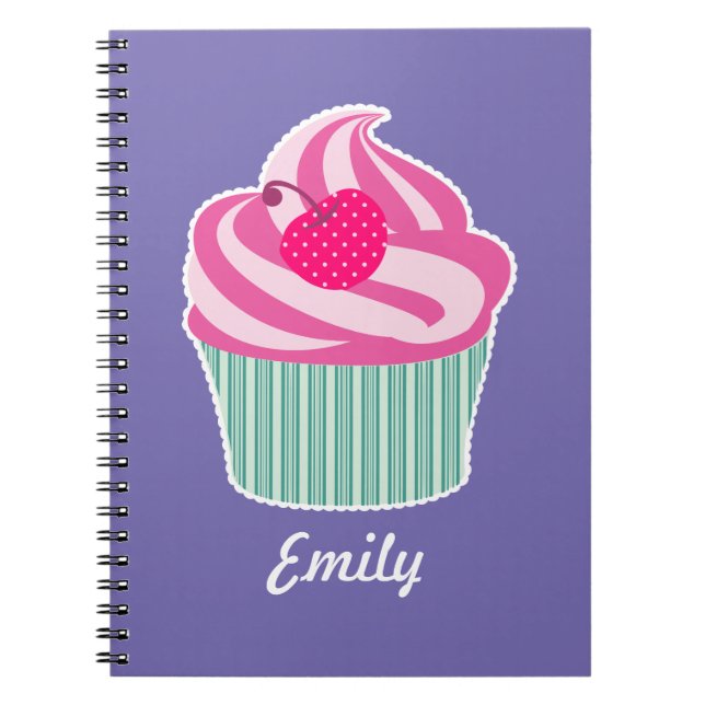 Personalised Pink Cupcake WIth Polka Dot Cherry Notebook (Front)