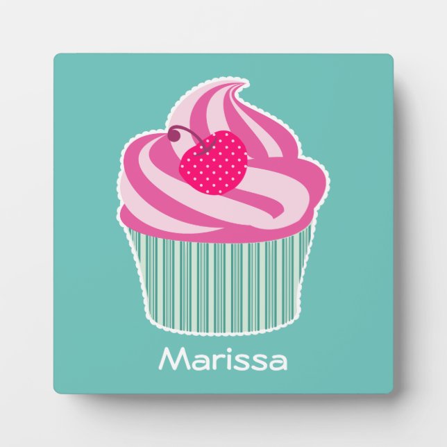 Personalised Pink Cupcake WIth Polka Dot Cherry Plaque (Front)