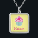 Personalised Pink Cupcake WIth Polka Dot Cherry Silver Plated Necklace<br><div class="desc">Graphic art / illustration of a yummy pink cupcake with swirls of icing on top and a cute,  hot pink,   polka dot cherry. The base is green and white stripes. Yellow background. Personalise with a name.</div>
