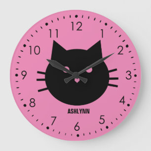 Personalised Pink Cute Cat Large Clock