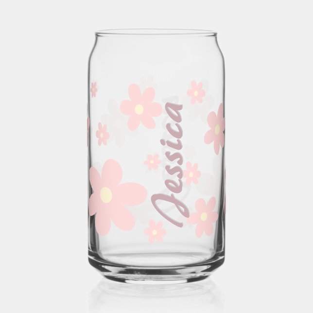 Personalised Pink Cute Daisy Drinkware Set Can Glass (Front)