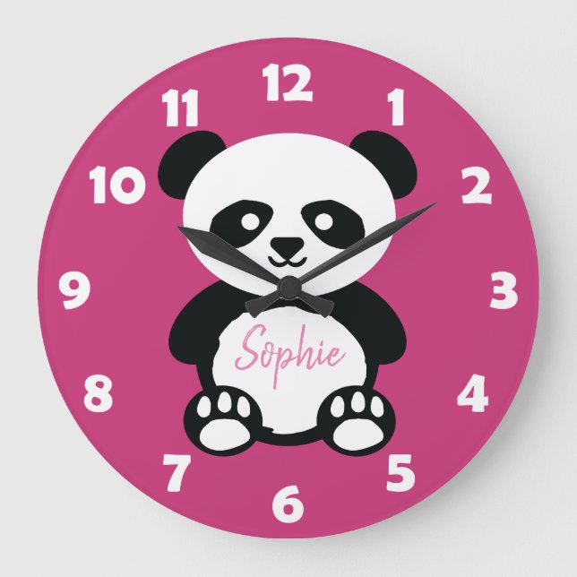 Personalised Pink Cute Panda Bear Kids Kawaii Large Clock (Front)
