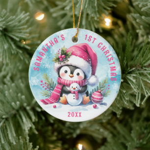 Personalised Pink Cute Penguin Girl 1st Christmas  Ceramic Tree Decoration
