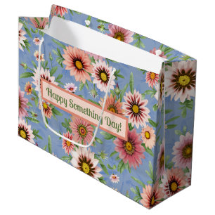 Personalised Pink Daisies on Blue Floral Pattern Large Gift Bag