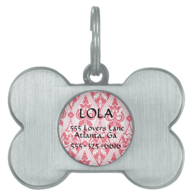 Personalised Pink Damask Bone Dog Tag (Front)