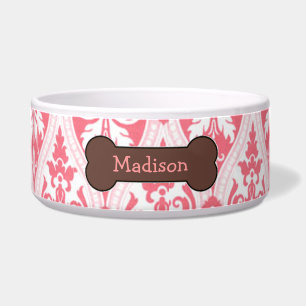 Personalised Pink Damask Dog Food Bowl