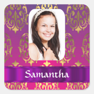Personalised pink damask photo template square sticker