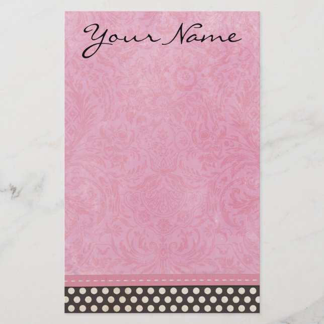 Personalised Pink Damask with Polka Dot Stationery (Front)