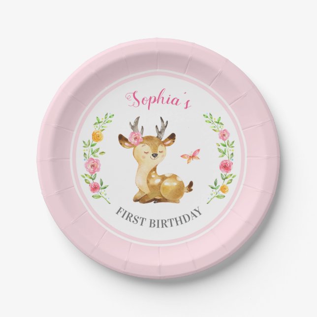 Personalised Pink Deer Girl First Birthday Party Paper Plate (Front)