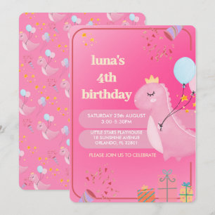 Personalised Pink Dinosaur Birthday Invitation