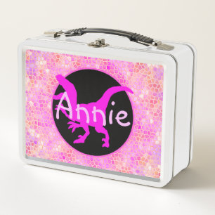 Personalised PInk Dinosaur Hide  Metal Lunch Box