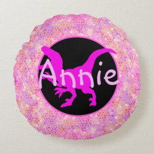 Personalised Pink Dinosaur Hide Round Cushion