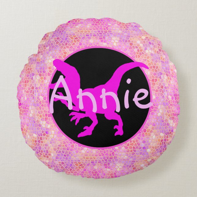 Personalised Pink Dinosaur Hide Round Cushion (Front)