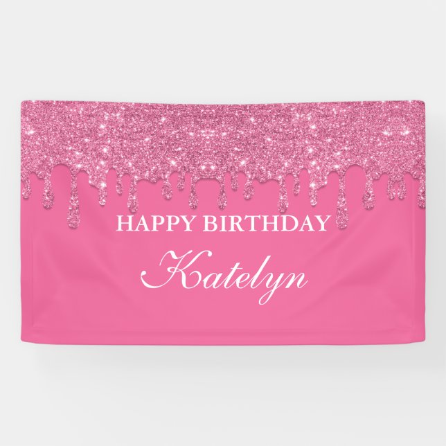 Personalised Pink Dripping Glitter Birthday Banner (Horizontal)