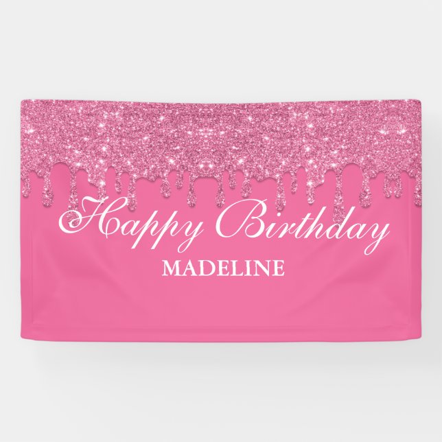 Personalised Pink Dripping Glitter Birthday Banner (Horizontal)