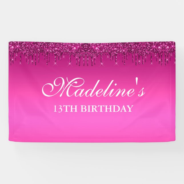 Personalised Pink Dripping Glitter Birthday Banner (Horizontal)
