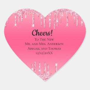 Personalised Pink Dripping Glitter Trendy Wedding Heart Sticker