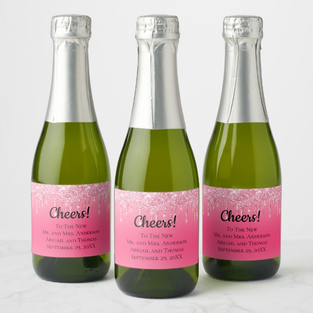 Personalised Pink Dripping Glitter Trendy Wedding  Sparkling Wine Label (Bottles)