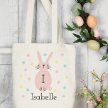 Personalised Pink Easter Bunny Polka Dots Tote Bag<br><div class="desc">Illustration of cute,  simple pink bunny rabbit with pastel coloured polka dots. Add your Child's initial and name to personalise this tote,  perfect for egg hunts!</div>