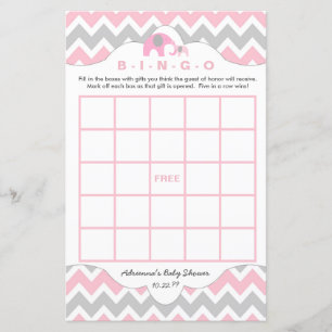 Personalised Pink elephant baby shower games bingo
