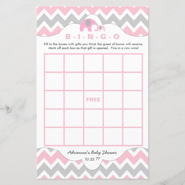 Personalised Pink elephant baby shower games bingo (Front)