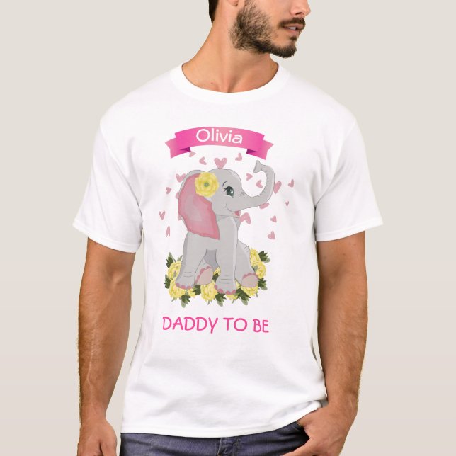 Personalised pink elephant Daddy to Be baby shower T-Shirt (Front)