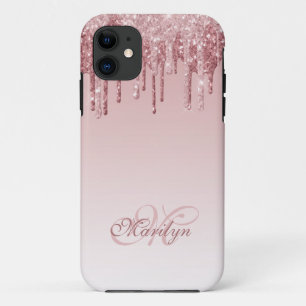 Personalised Pink Fade Glitter Drip with Monogram iPhone 11 Case