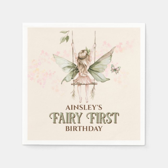 Personalised Pink Fairy First 1st Birthday Party Napkin (Front)