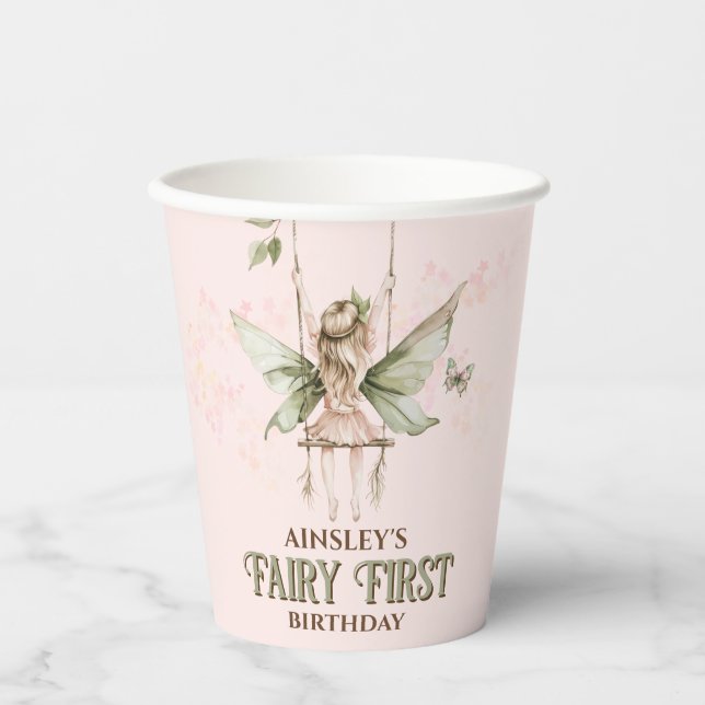 Personalised Pink Fairy First 1st Birthday Party Paper Cups (Front)