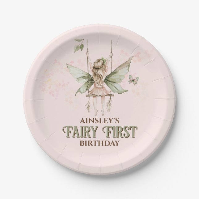 Personalised Pink Fairy First 1st Birthday Party Paper Plate (Front)
