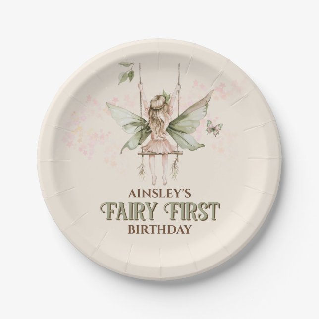 Personalised Pink Fairy First 1st Birthday Party Paper Plate (Front)