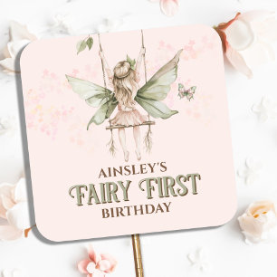 Personalised Pink Fairy First 1st Birthday Party Square Sticker