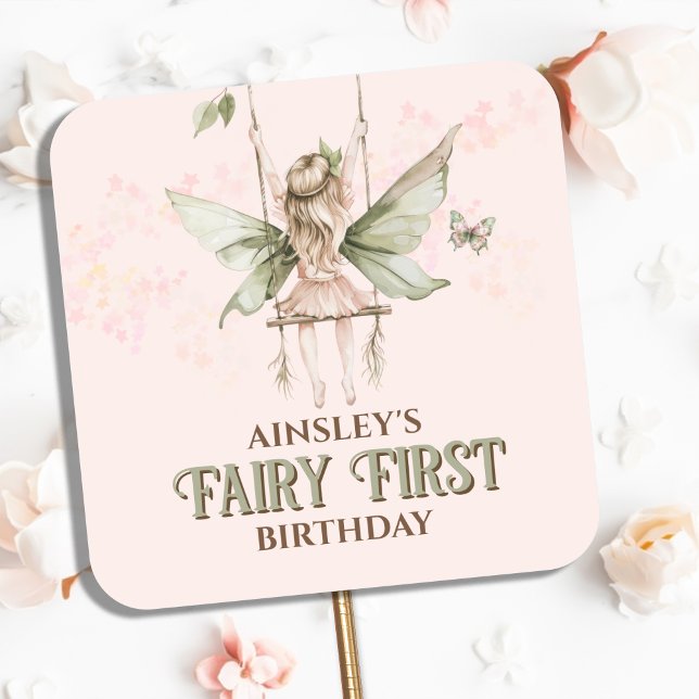 Personalised Pink Fairy First 1st Birthday Party Square Sticker (Creator Uploaded)